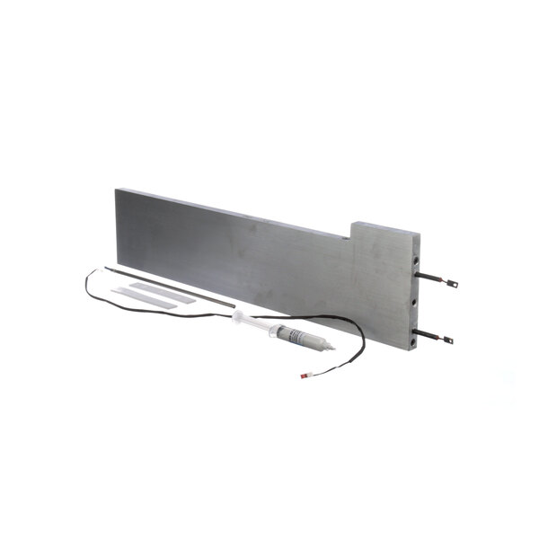 A grey rectangular metal Prince Castle platen assembly with wires attached.