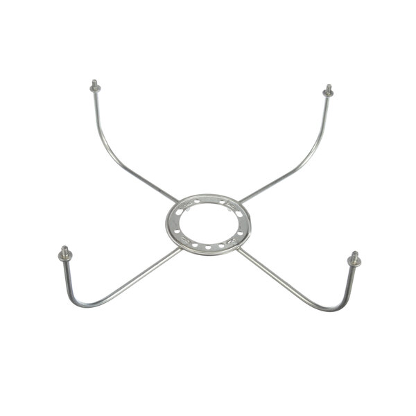 A metal bracket with four arms and two holes on it.