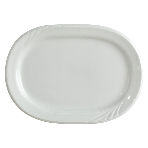 A Tuxton bright white china platter with an embossed rim.