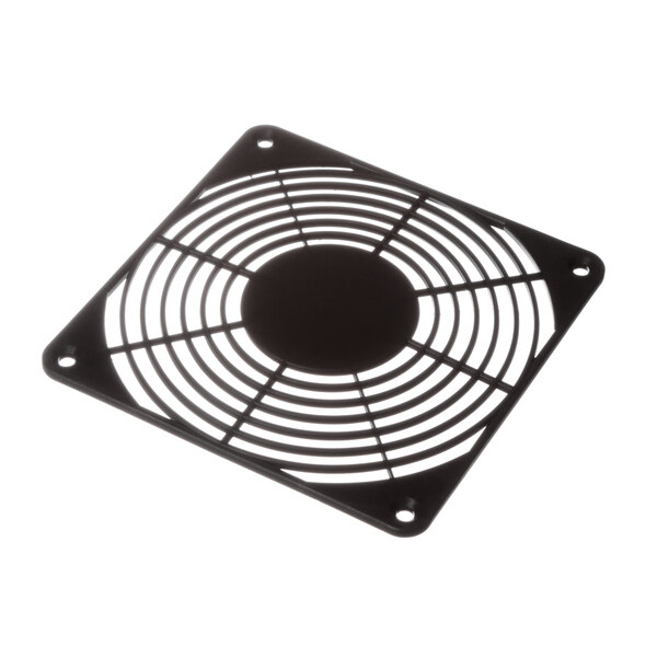 A black square fan shroud with a circular pattern on it.