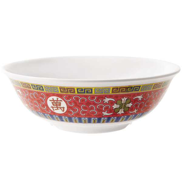A close-up of a GET Dynasty Longevity melamine bowl with an oriental design.