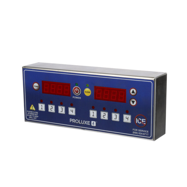 The blue rectangular Proluxe digital temperature controller with red numbers and buttons.