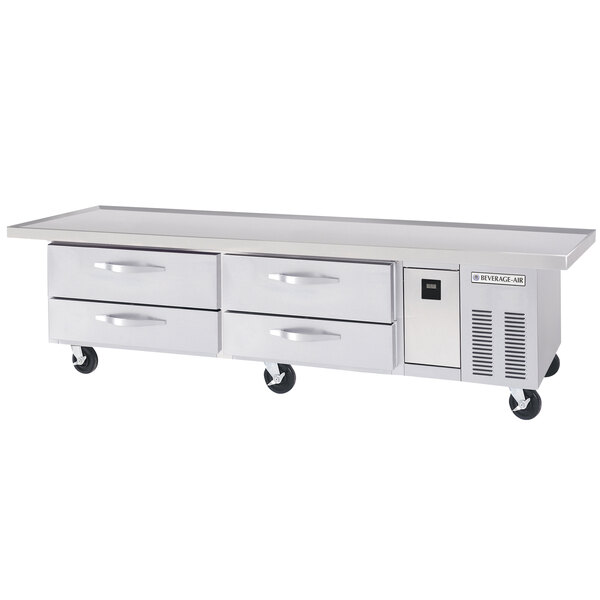 A Beverage-Air stainless steel chef base with drawers.