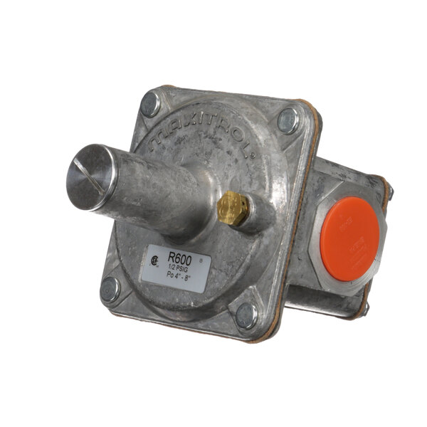 A Southbend 1" NG steam pressure regulator with an orange button.