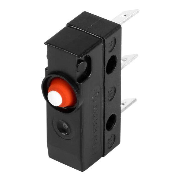 A black Lancer microswitch with a red button.