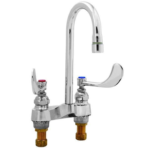 A chrome T&S deck-mount faucet with gooseneck spout and wrist action handles.