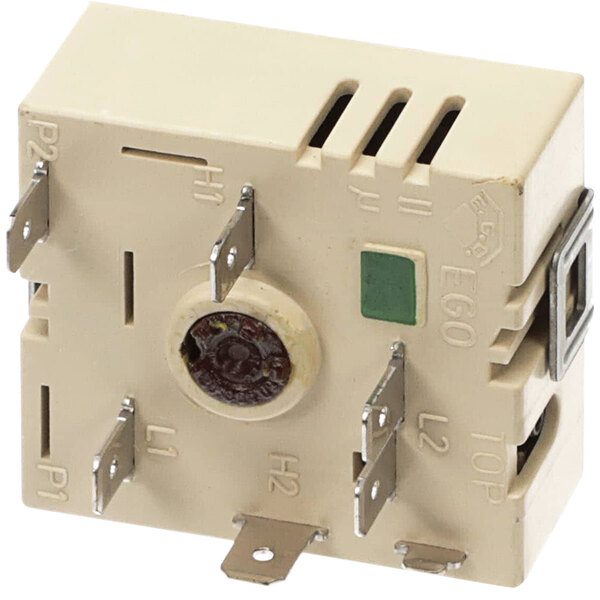 A white square Cadco infinite switch with metal parts and a round center.