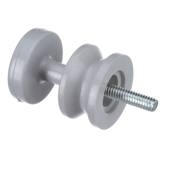A white plastic Delfield shelf pin with a bolt.