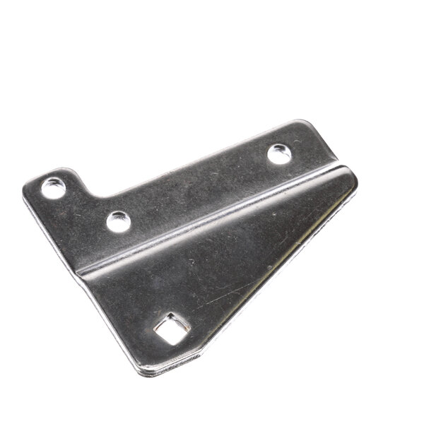 A metal hinge with holes in the corner.