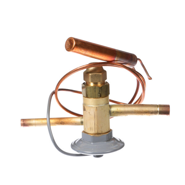 A close-up of a Delfield copper expansion valve.