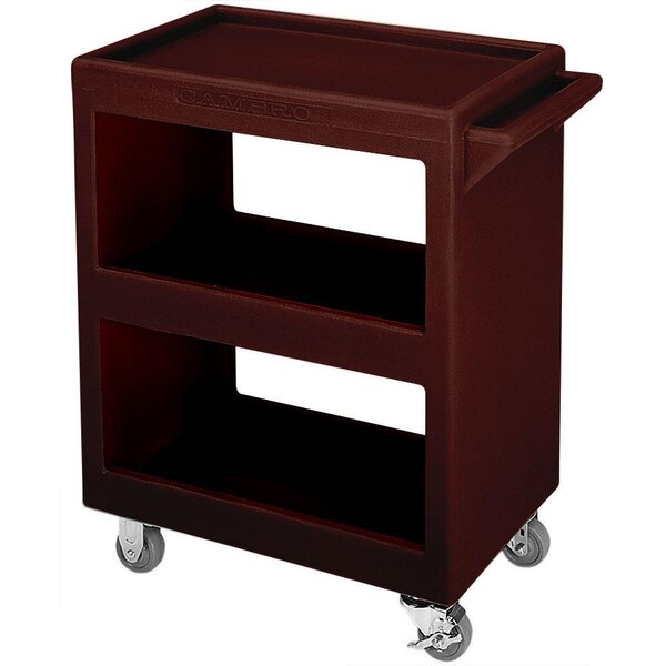 A dark brown Cambro utility cart with three shelves and wheels.