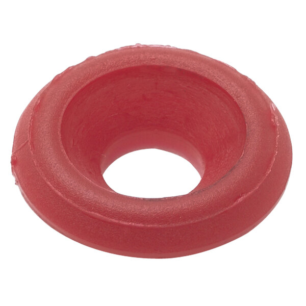 A red round rubber T&S faucet handle index with a hole in it.
