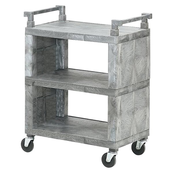 A grey plastic Vollrath utility cart with three shelves on wheels.