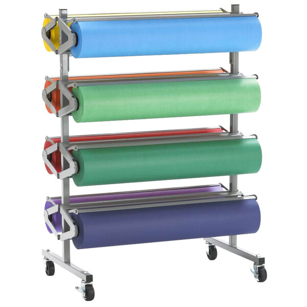 A Bulman metal rack holding eight rolls of multi-colored paper on a white background.