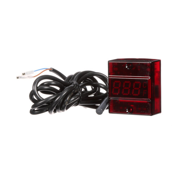 A red digital thermometer with a wire.