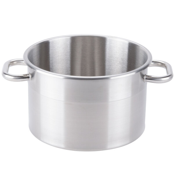 A silver stainless steel bowl assembly with handles.