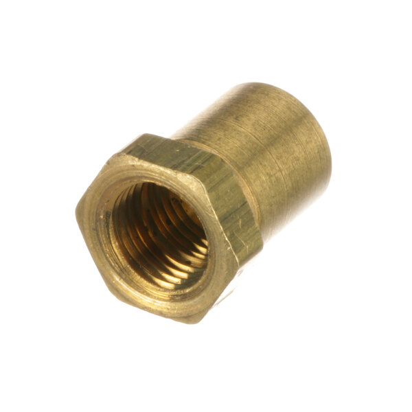 A close-up of a brass nut with a threaded screw inside.