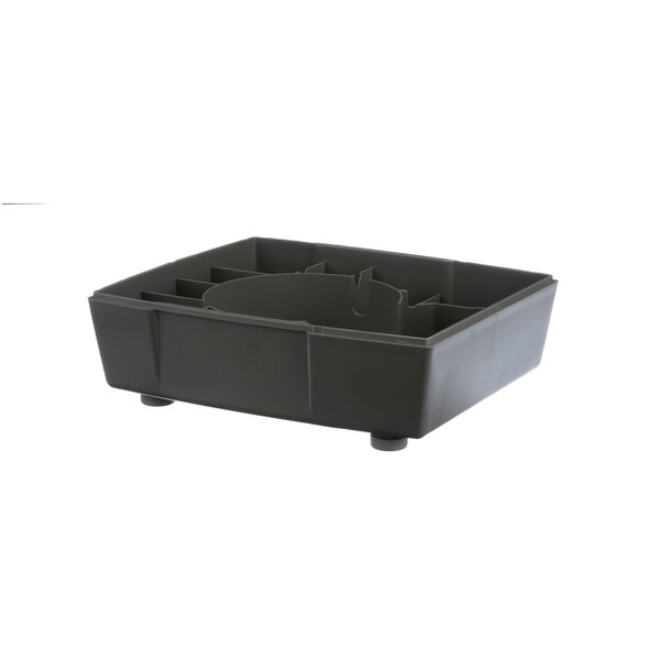 A black plastic container with wheels with four compartments for a Robot Coupe 29990 base.
