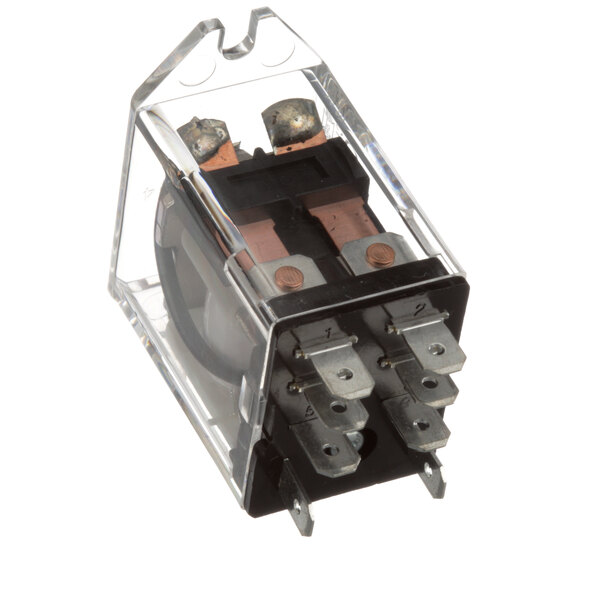 A clear plastic relay with two wires for a Middleby Marshall conveyor oven.