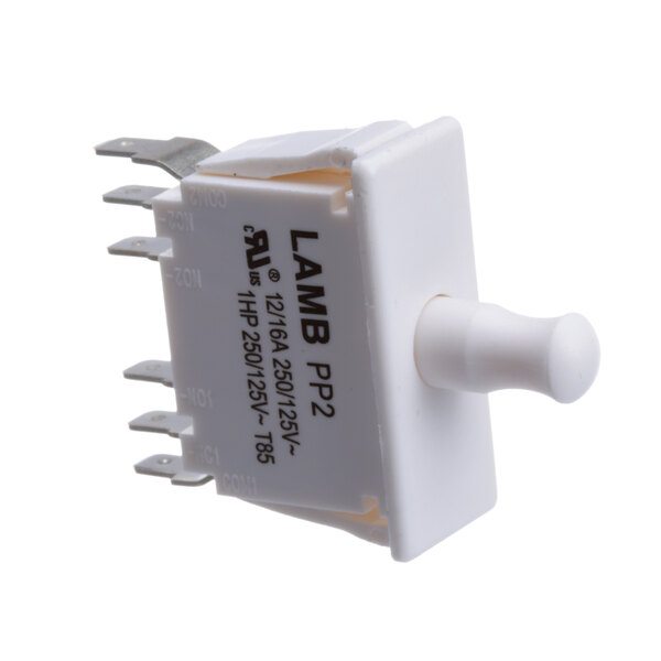 A white electrical device with a white toggle switch and the word "Lamb" on it.
