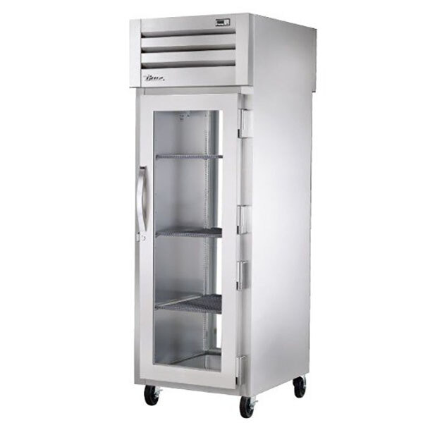 A True Spec Series glass door pass-through refrigerator with PVC-coated shelves.
