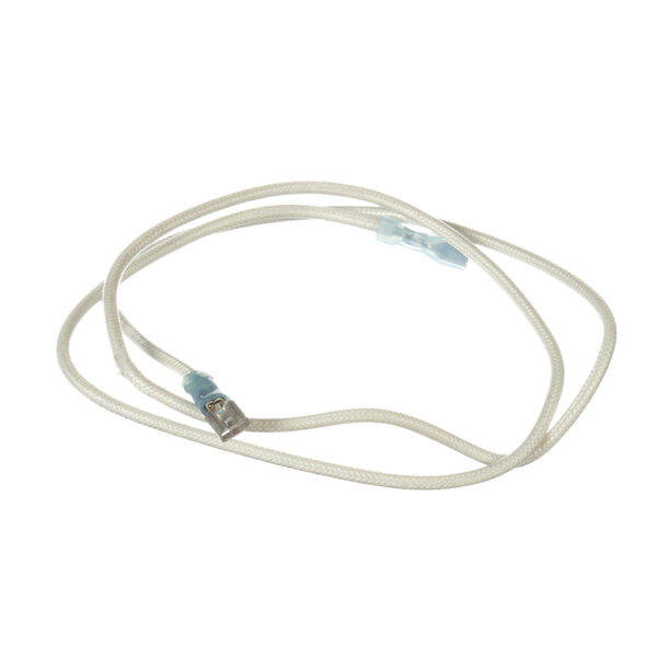 A white cable with metal and blue plastic connectors.