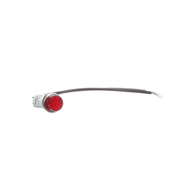 A red LED pilot light with a wire on a white background.