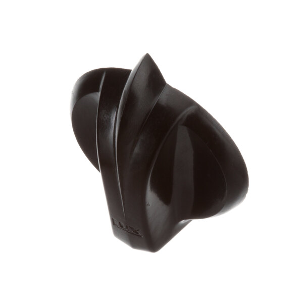 A black plastic knob with a curved, swirl design.