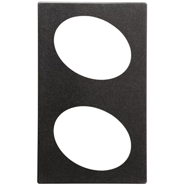 A black rectangular adapter plate with two white ovals.