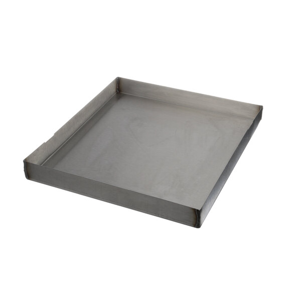 A stainless steel square condensation pan with a lid.