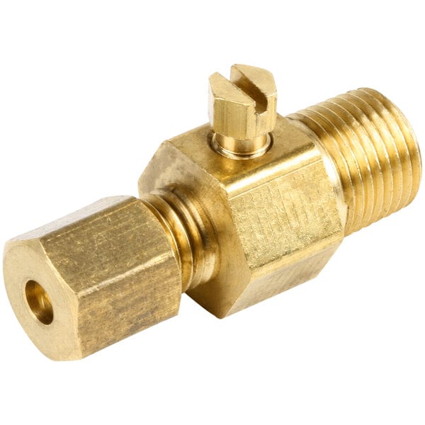 A brass Us Range gum valve with a nut.