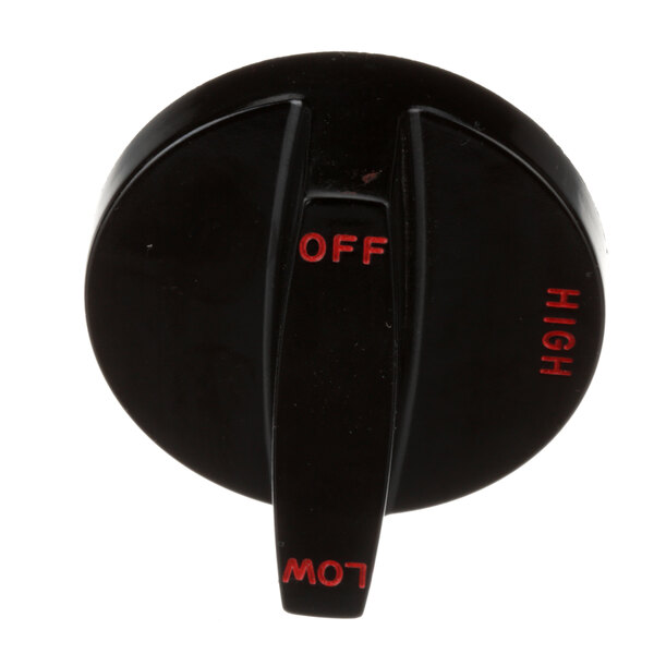 A black Southbend knob with red text.