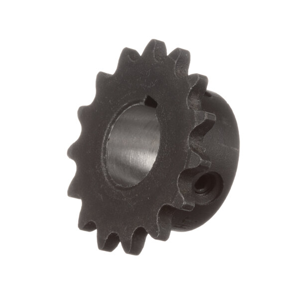 A close-up of a black metal Marshall Air sprocket gear with holes.