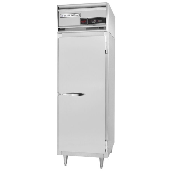 A white Beverage-Air pass-through heated holding cabinet with a door open.