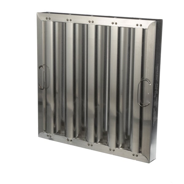 A stainless steel Flame Gard exhaust hood filter with four holes.