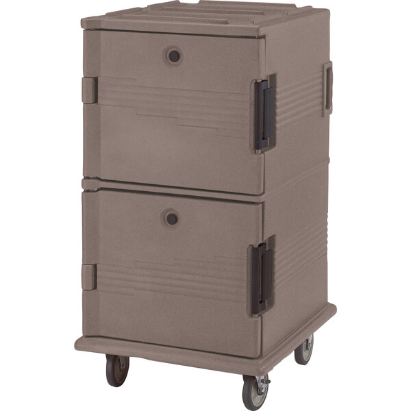 A grey Cambro Ultra Camcart for food pans on wheels.
