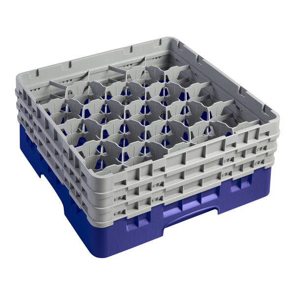 A navy blue plastic Cambro glass rack with 20 compartments.
