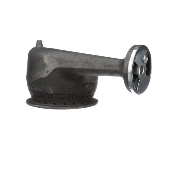 A close-up of a black metal Southbend burner front with a handle.