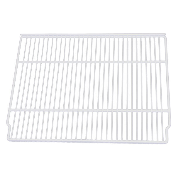 A white coated wire shelf with grid lines.