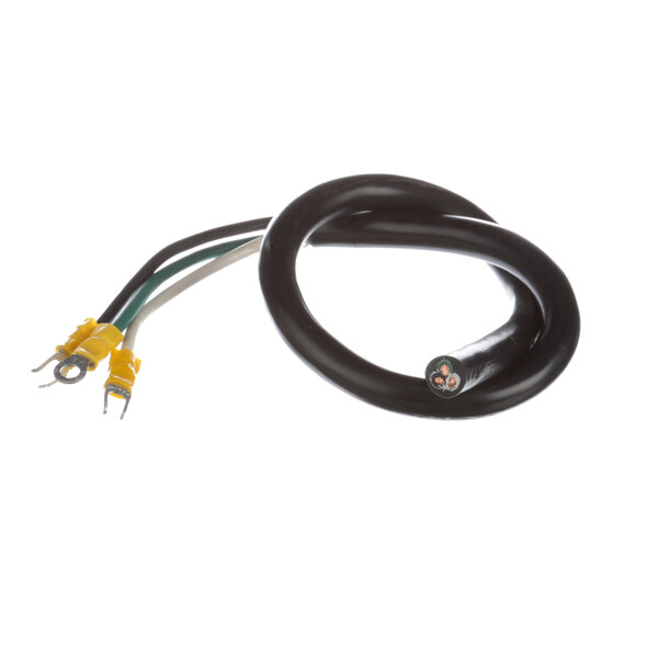 A black cable with yellow and green wires.