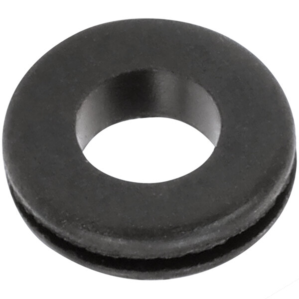 A close up of a black rubber grommet with a hole in the center.