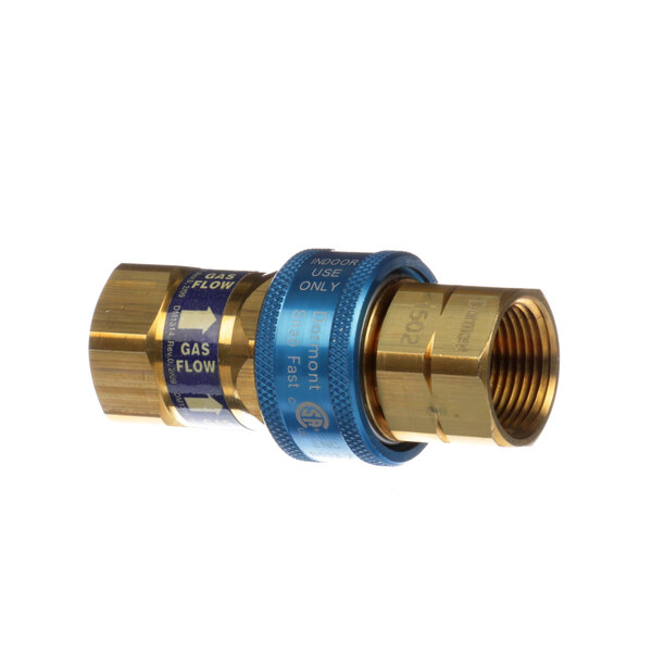 A brass Frymaster Snapfast coupler with blue and gold threading.