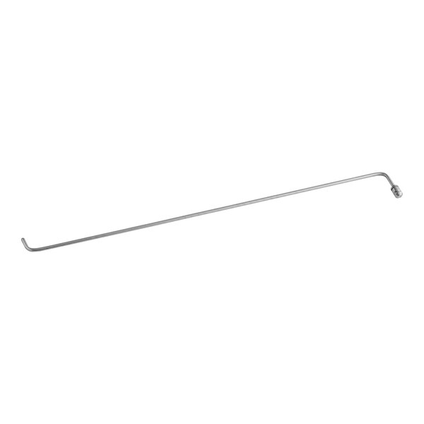 A long silver metal rod with a hook at one end and a screw on the other, on a white background.