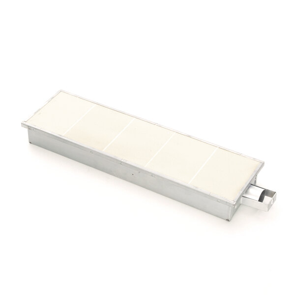 A rectangular white metal box with a metal lid.