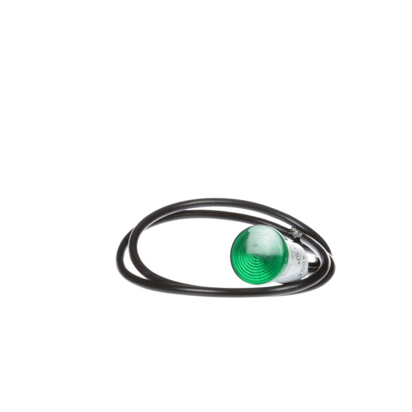 A green Garland pilot light on a black cable.