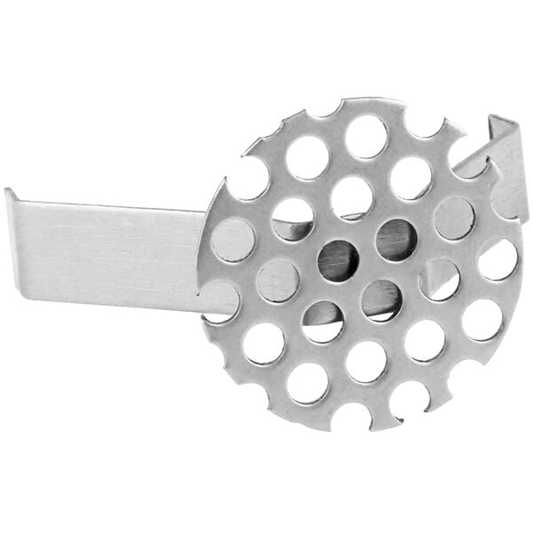 A metal APW Wyott drain strainer with holes in it.