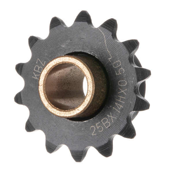 A black Antunes idler sprocket with a gold ring on it.