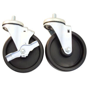 A pair of True stem casters with black rubber wheels and metal swivel stems.