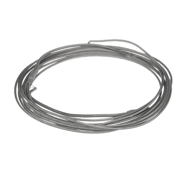 A close-up of a silver wire on a white background.