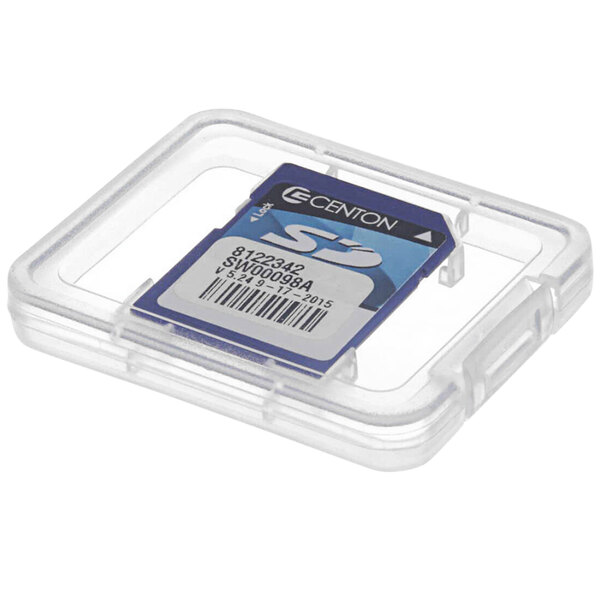 A clear plastic case with a blue and white memory card inside.
